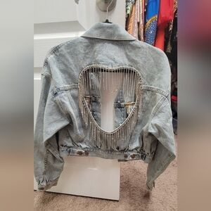 Denim Jacket with Heart Cutout and Fringe